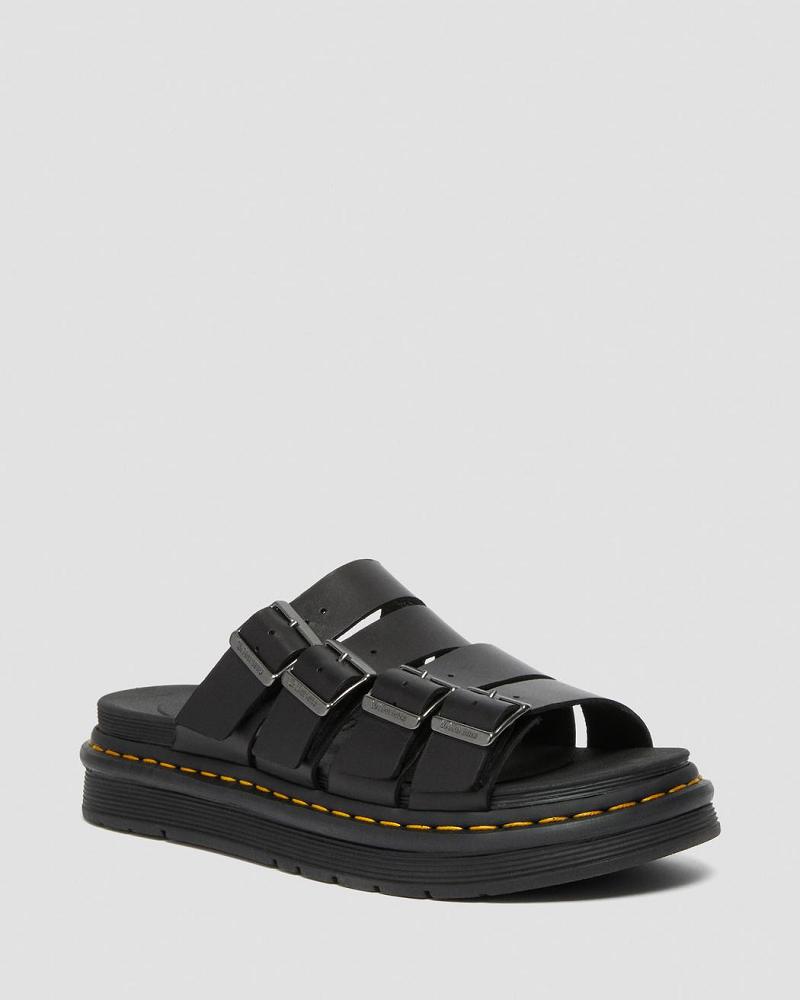 Black Men\'s Dr Martens Tate Leather Slide Sandals | CA 636QMA